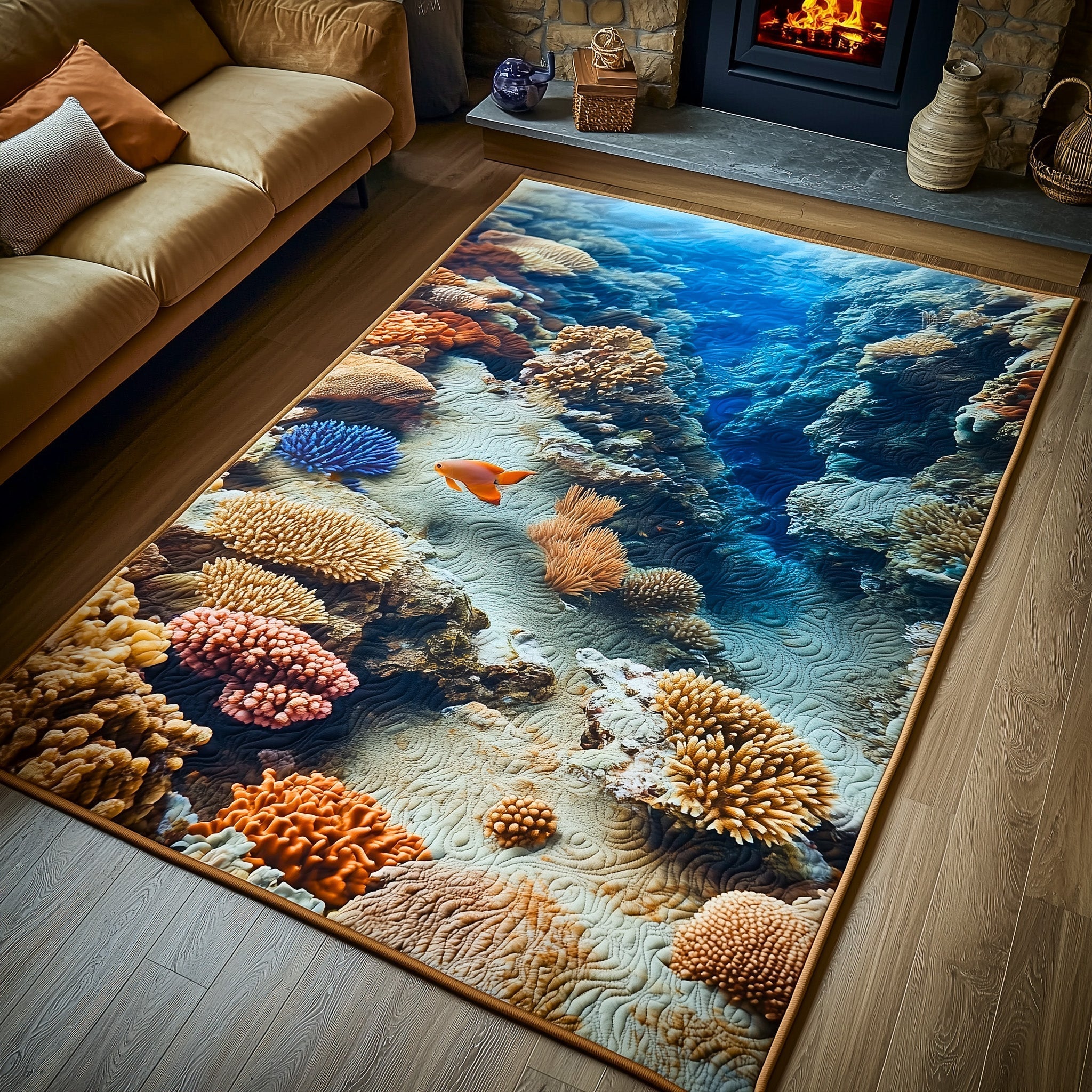 Ocean Coral area rug in a living room