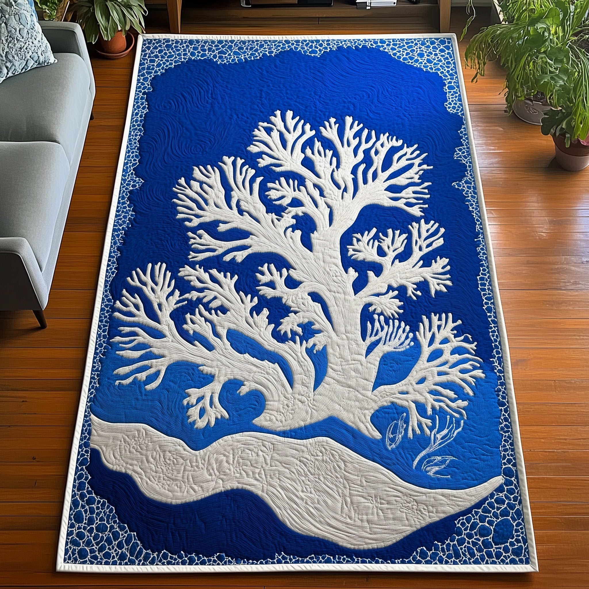 Ocean Coral area rug in a living room