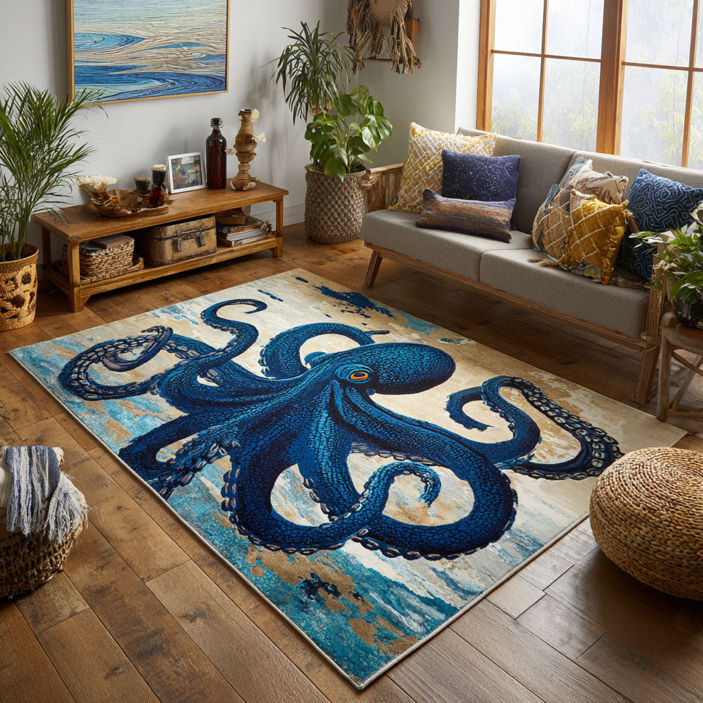 Ocean Enigma area rug in a living room