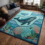 Ocean Garden Whale area rug in a living room