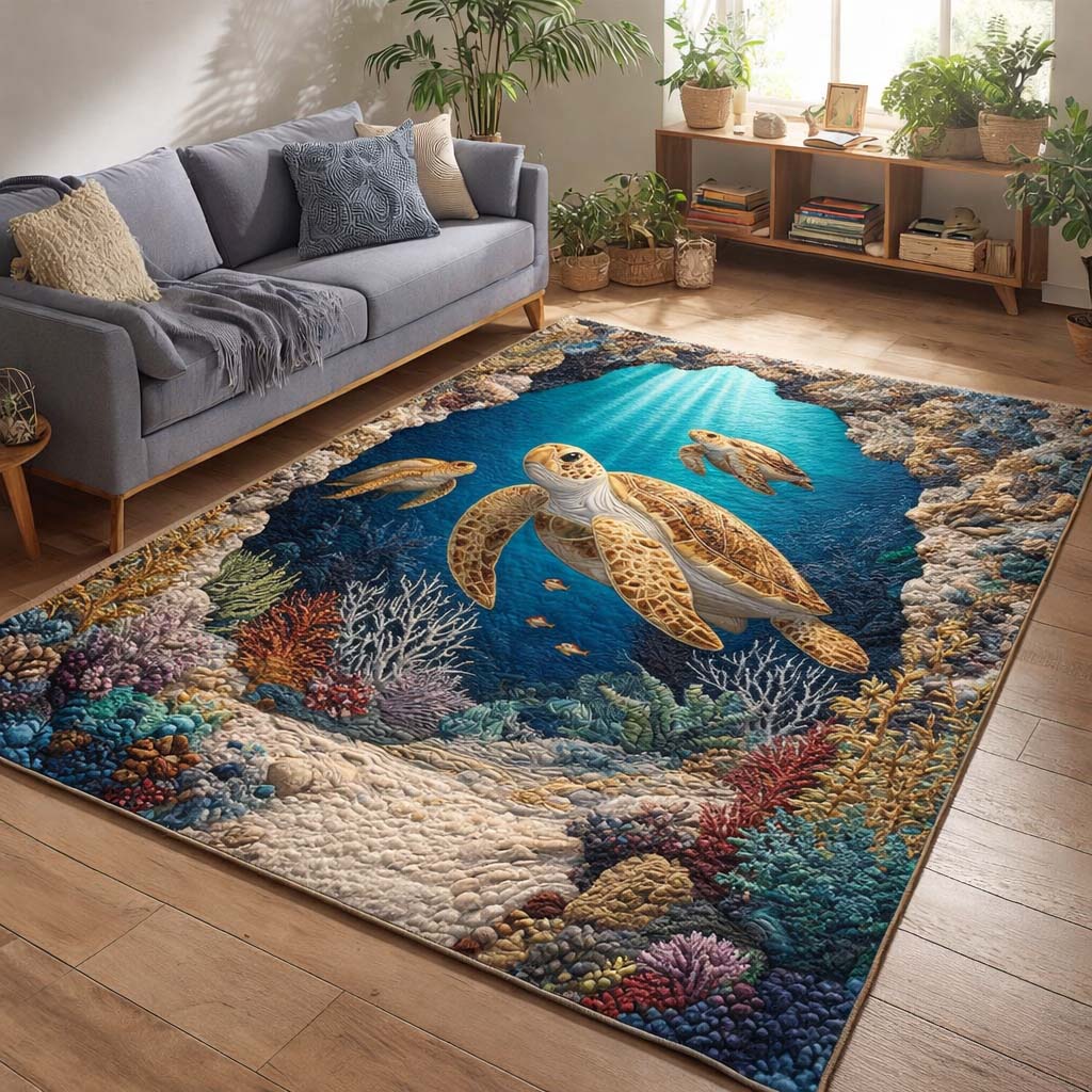 Ocean Glow Turtles area rug in a living room