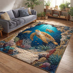 Ocean Glow Turtles area rug in a living room