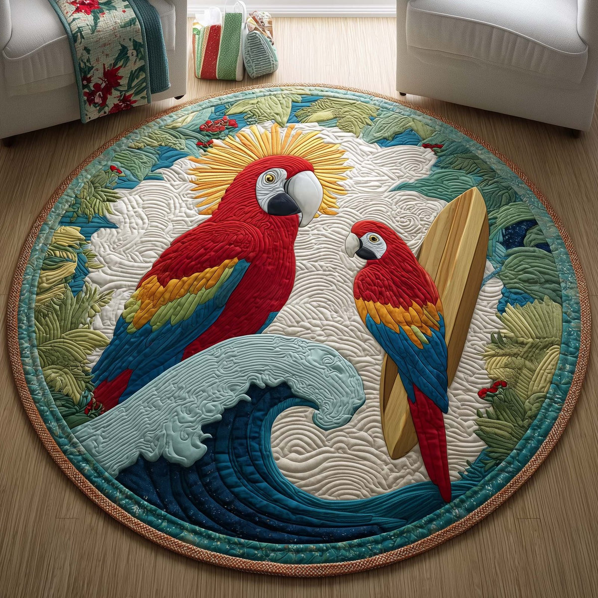 Ocean Macaws Round Mat Rug - washable non-slip printed rug