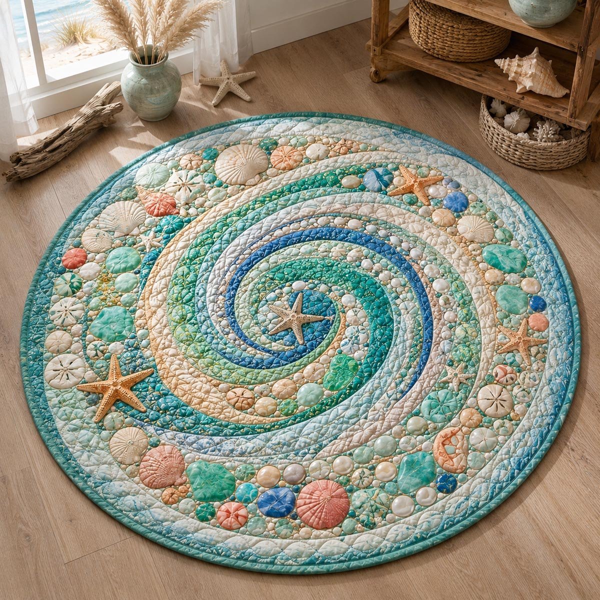 Ocean Mosaic Round Mat Rug - washable non-slip printed rug