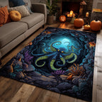 Ocean Octopus Curse area rug in a living room
