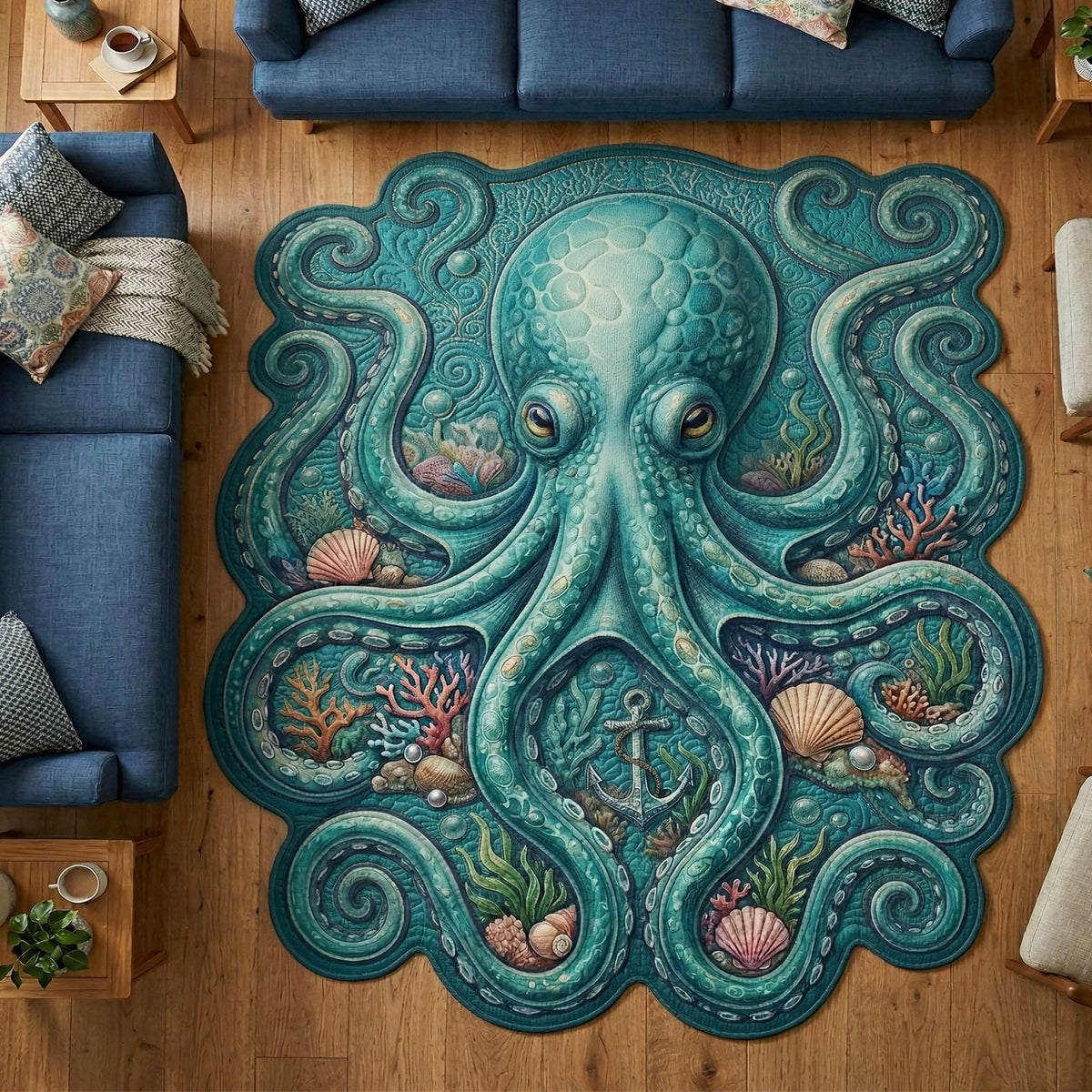Ocean Octopus Custom Shape Area Rug - Coastal Design | Die-Cut Non-Slip Rug - washable non-slip printed rug