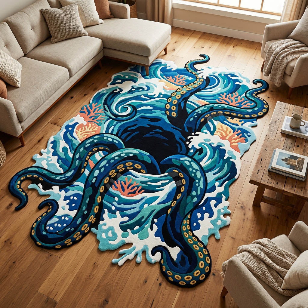 Ocean Octopus Custom Shape Area Rug - Coastal Design | Die-Cut Non-Slip Rug - washable non-slip printed rug