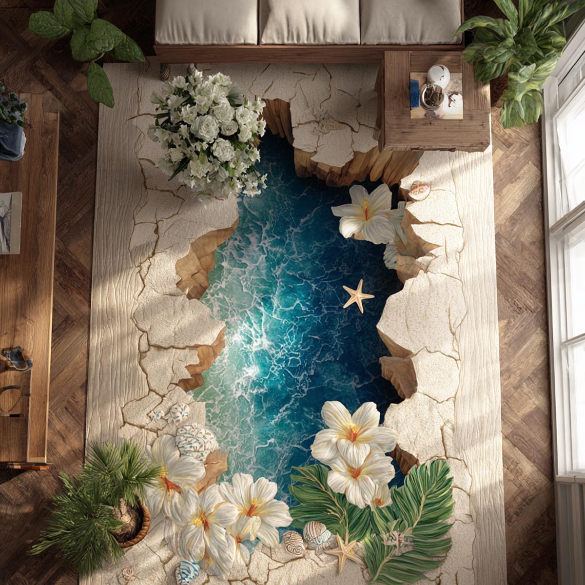 Ocean Petals area rug in a living room