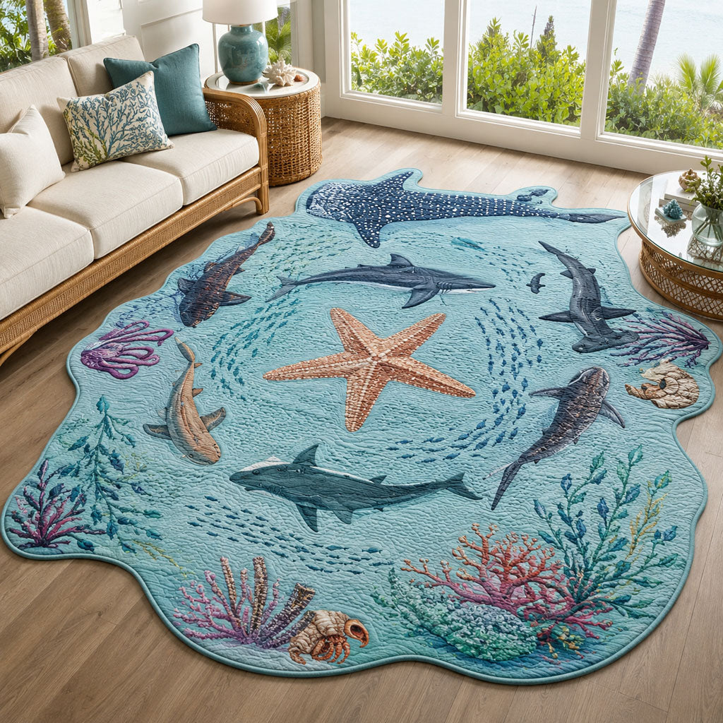 Ocean Predators Custom Shape Area Rug - Coastal Design | Die-Cut Non-Slip Rug - washable non-slip printed rug
