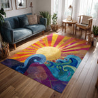Ocean Sunrise area rug in a living room