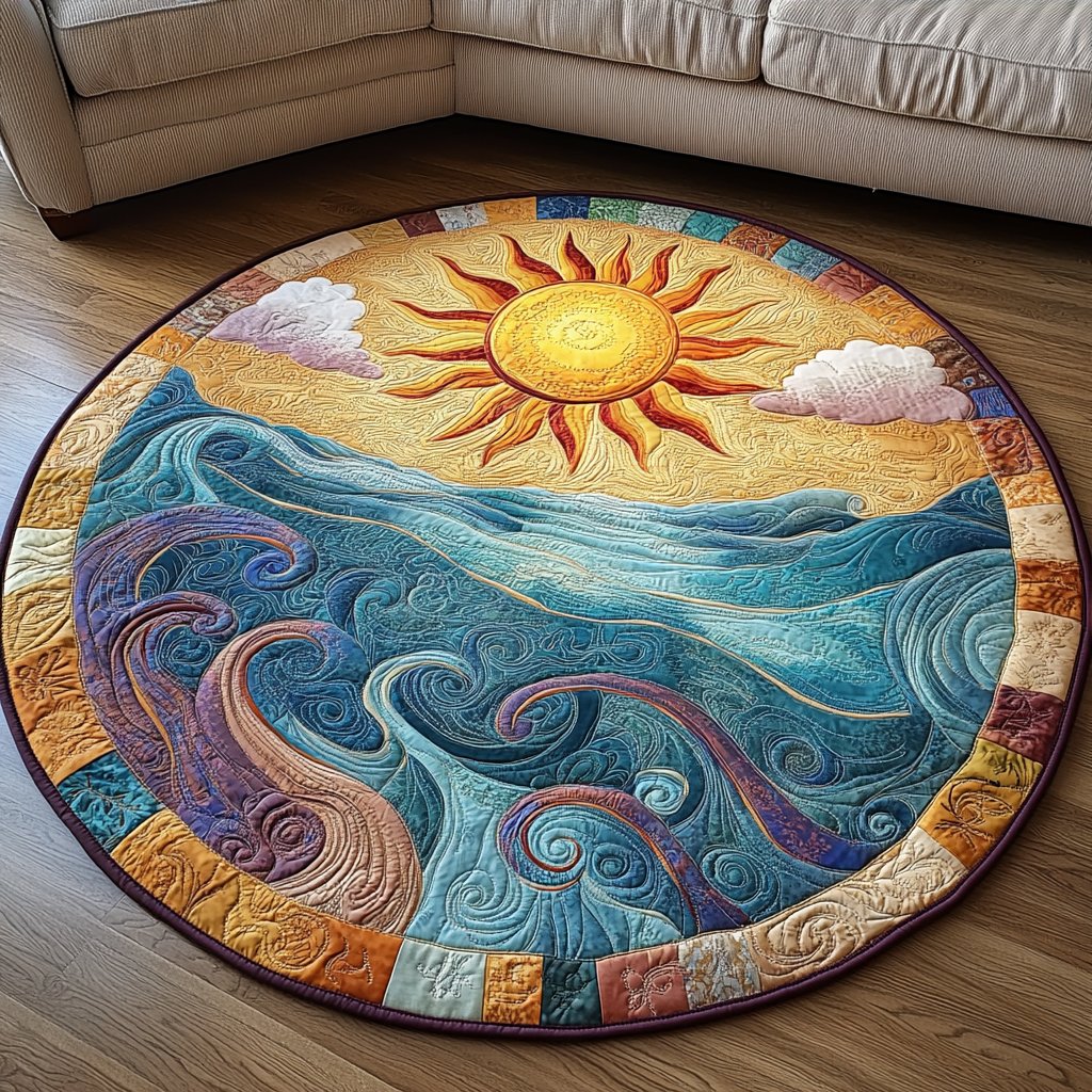 Ocean Sunrise Round Mat Rug - washable non-slip printed rug
