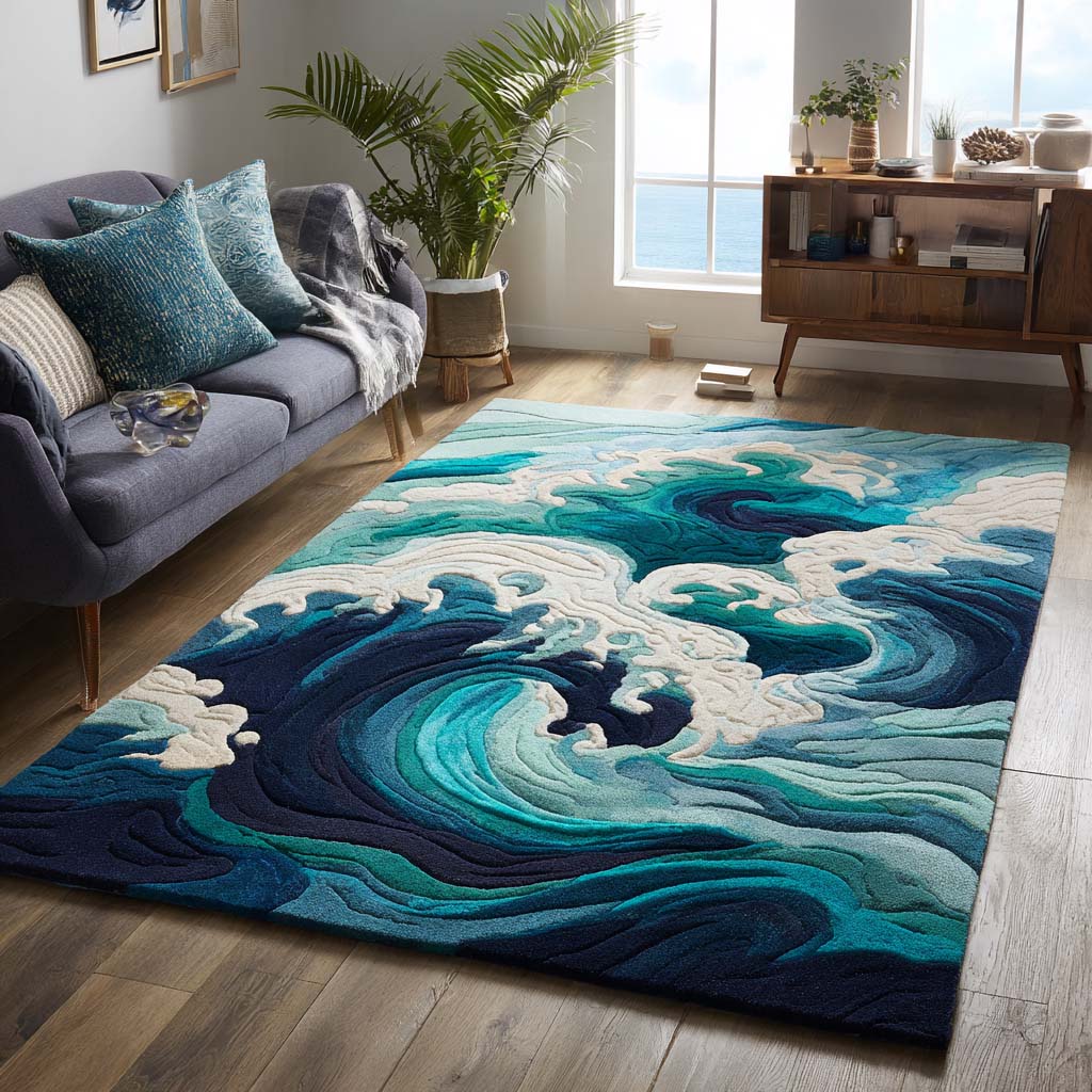 Ocean Surge area rug in a living room