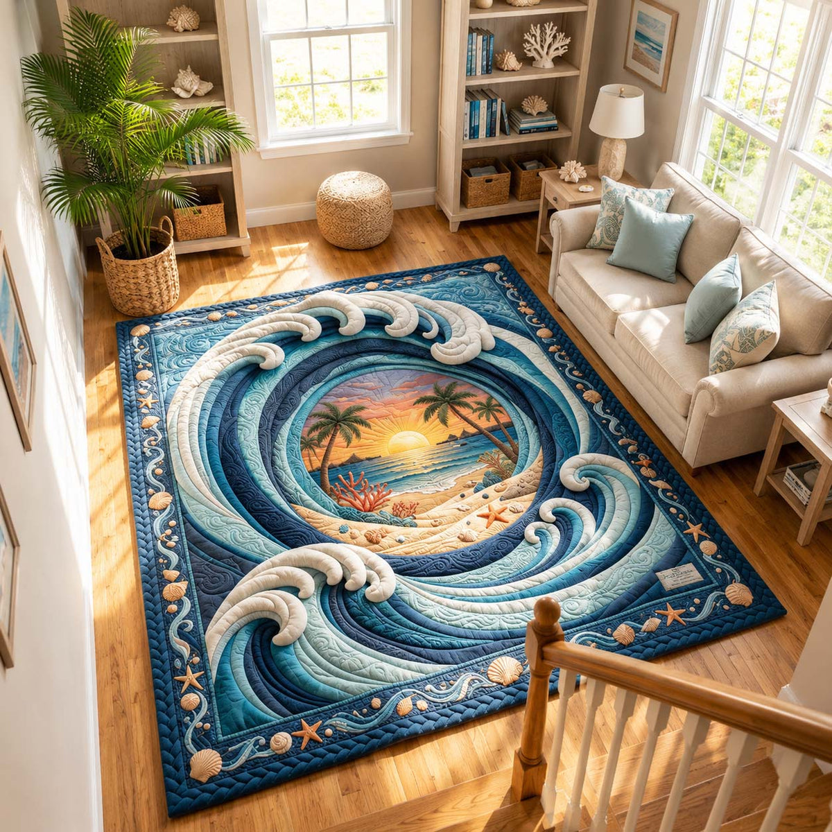 Ocean Swirl area rug in a living room