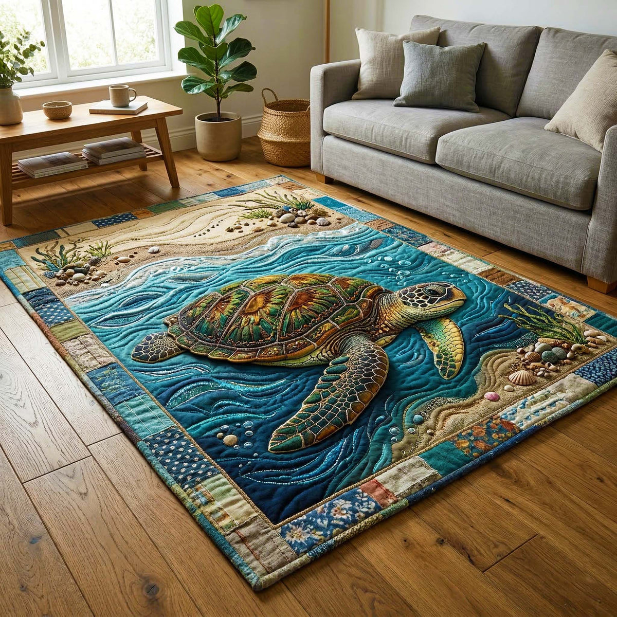 Ocean Turtle area rug in a living room