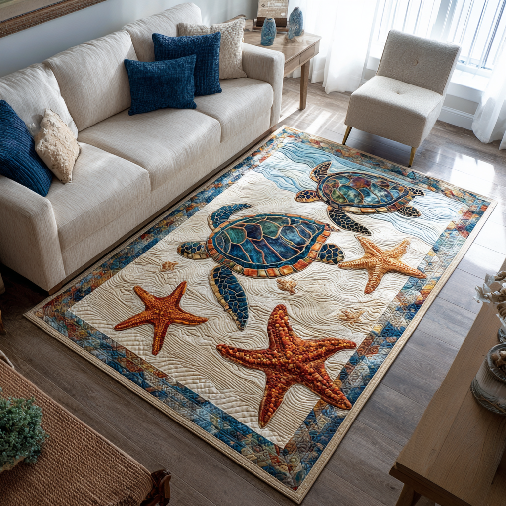 Ocean Turtle area rug in a living room