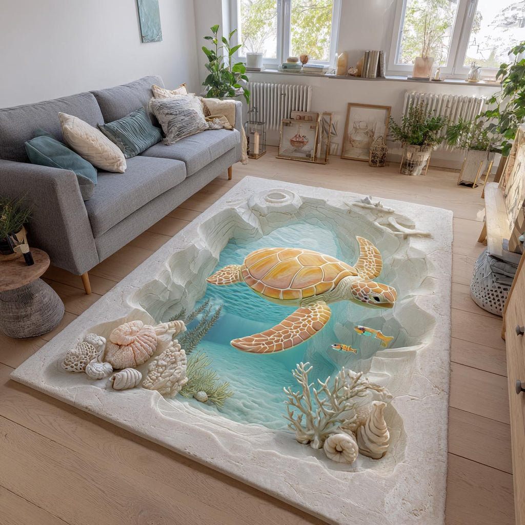 Ocean Turtle area rug in a living room