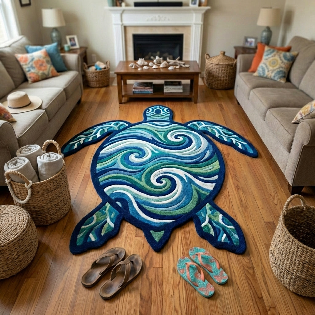Ocean Turtle Custom Shape Area Rug - Cute Animal Design | Die-Cut Non-Slip Rug - washable non-slip printed rug