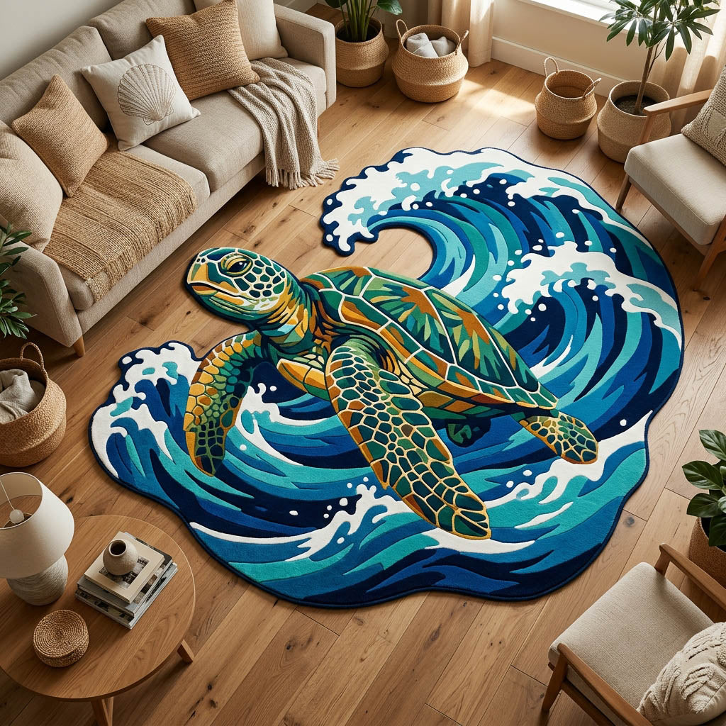 Ocean Turtle Custom Shape Area Rug - Cute Animal Design | Die-Cut Non-Slip Rug - washable non-slip printed rug