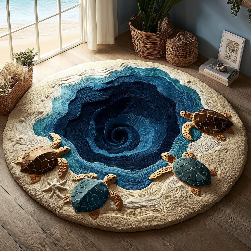 Ocean Turtle Round Mat Rug - washable non-slip printed rug