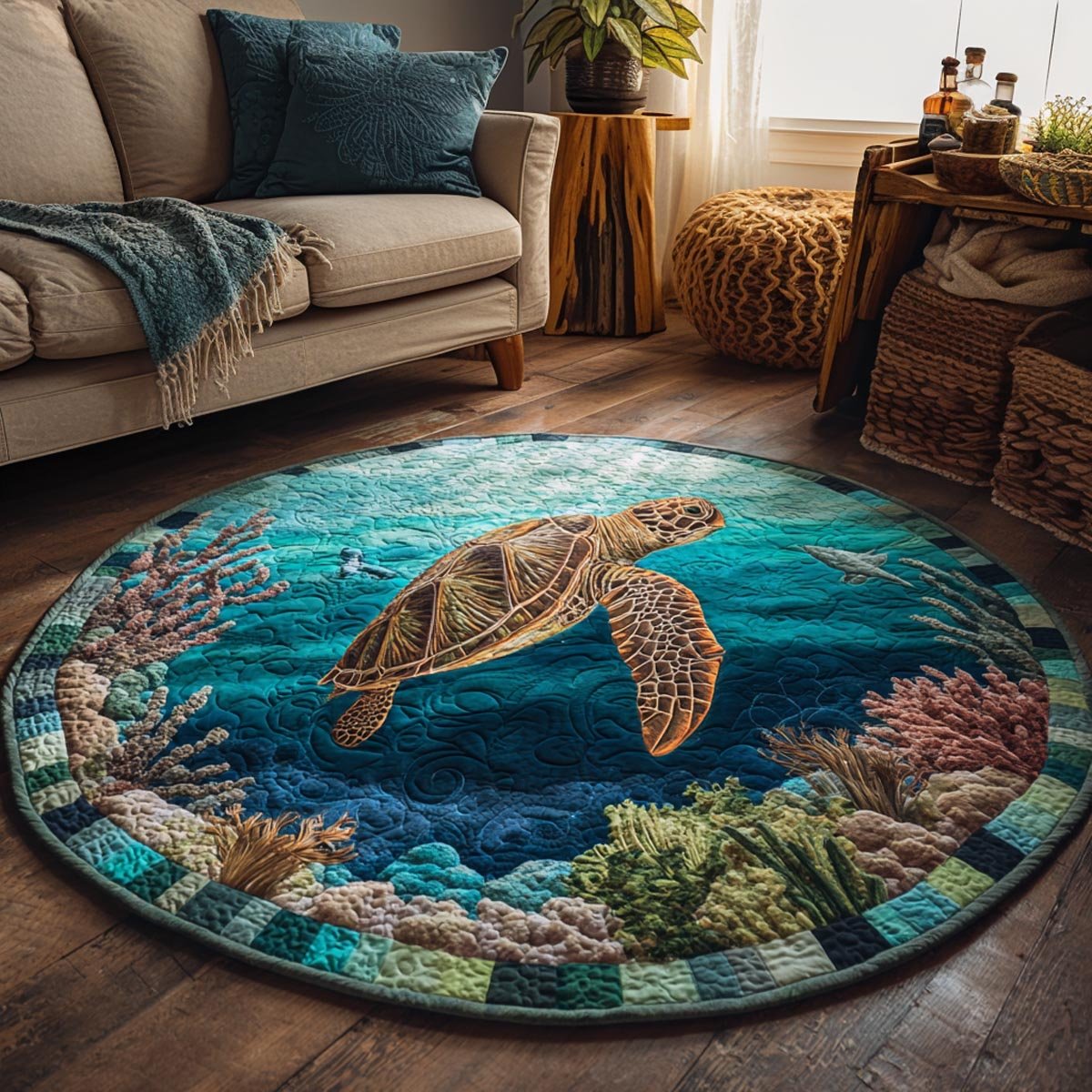 Ocean Turtle Round Mat Rug - washable non-slip printed rug