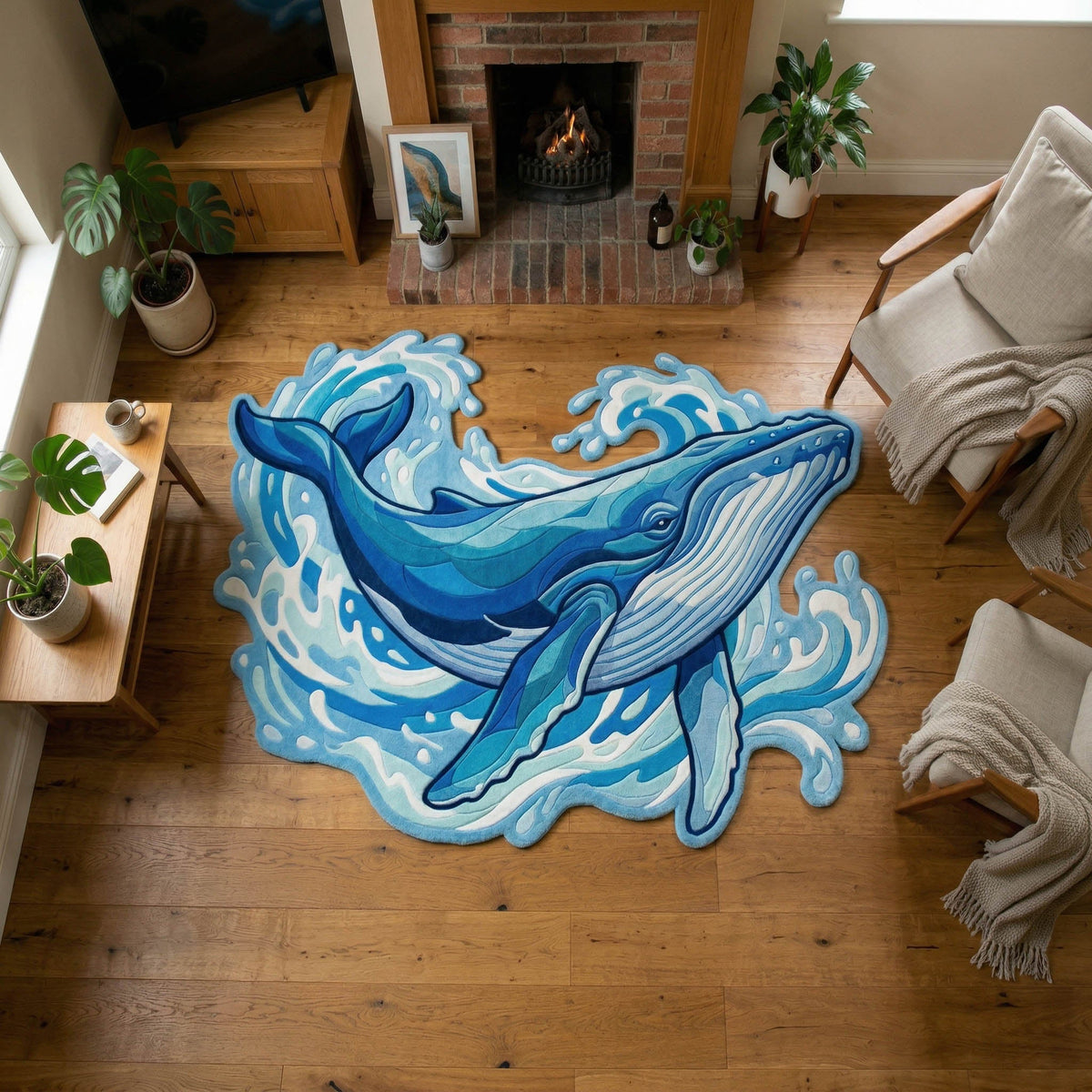 Ocean Whale Custom Shape Area Rug - Coastal Design | Die-Cut Non-Slip Rug - washable non-slip printed rug