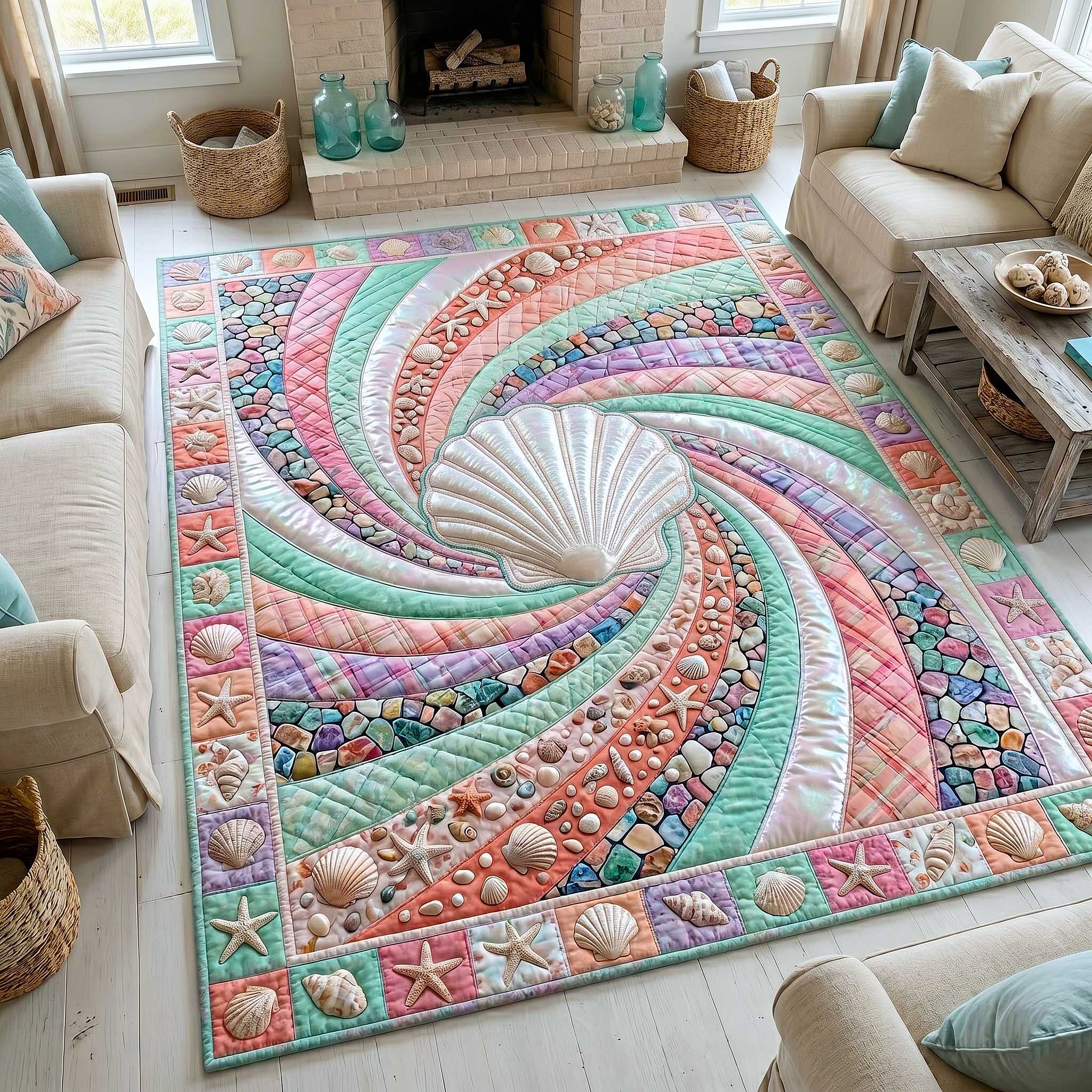 Ocean Whirl area rug in a living room