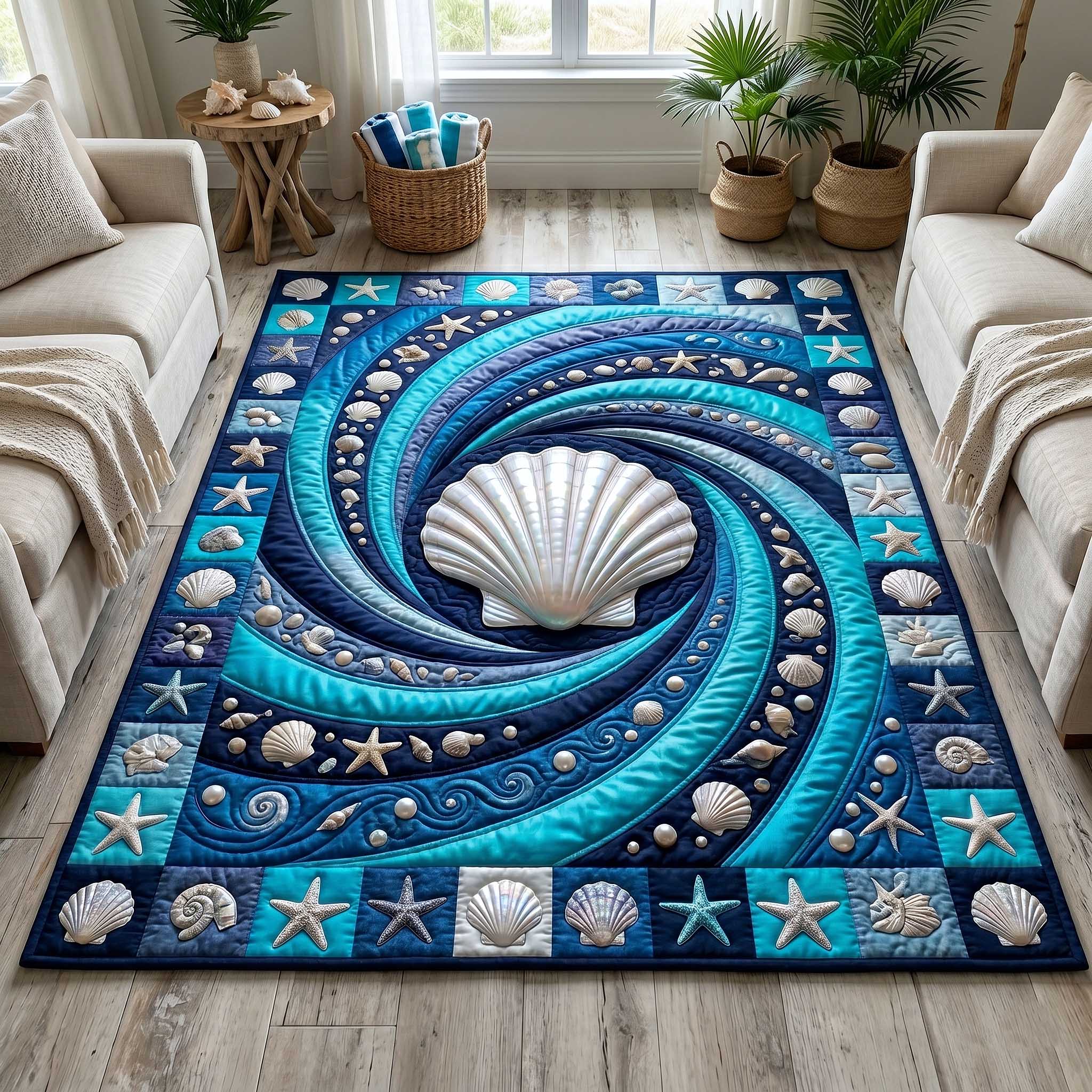 Ocean Whirl area rug in a living room