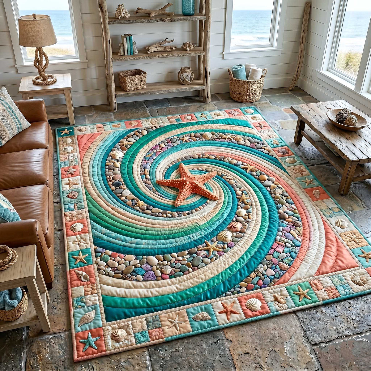 Ocean Whirl area rug in a living room