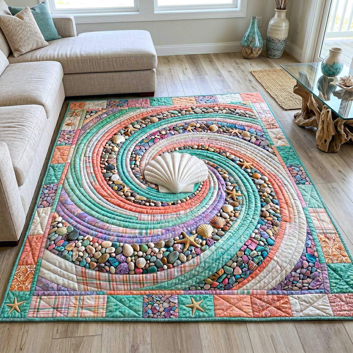 Ocean Whirl area rug in a living room