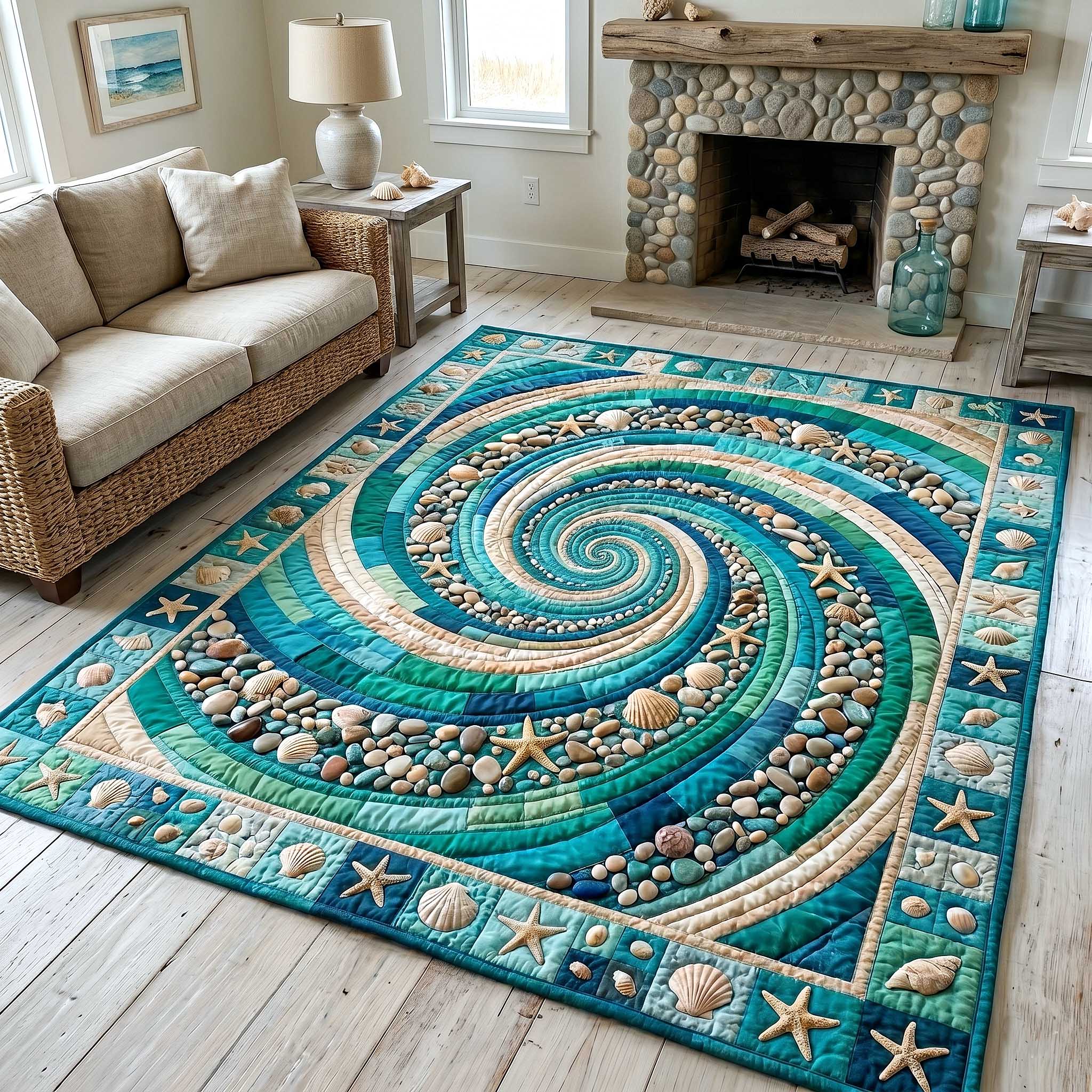 Ocean Whirl area rug in a living room