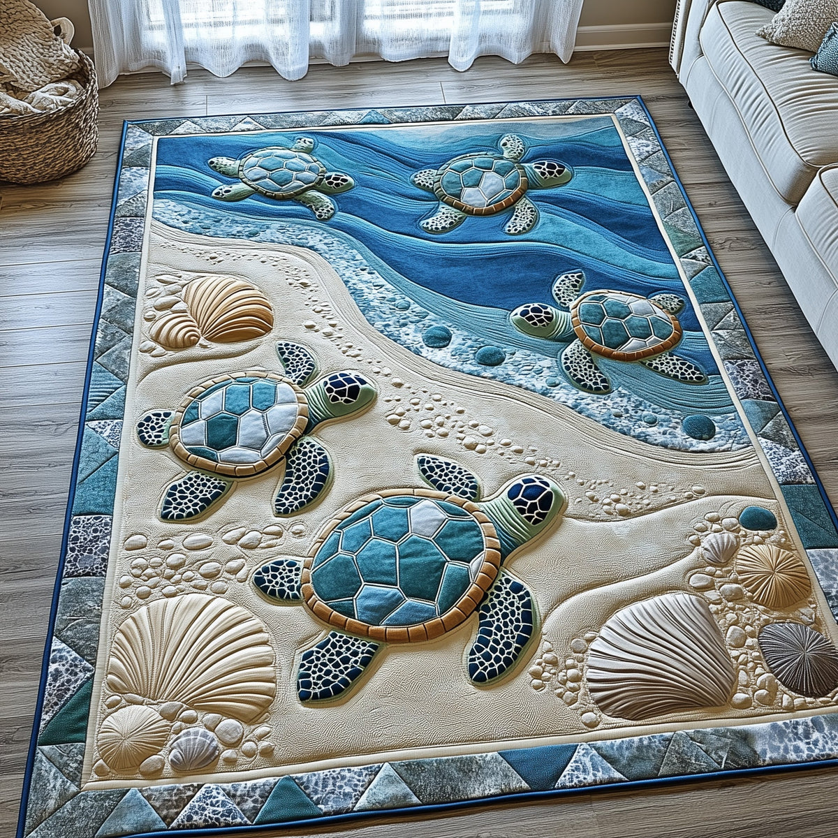 Ocean Whisper area rug in a living room
