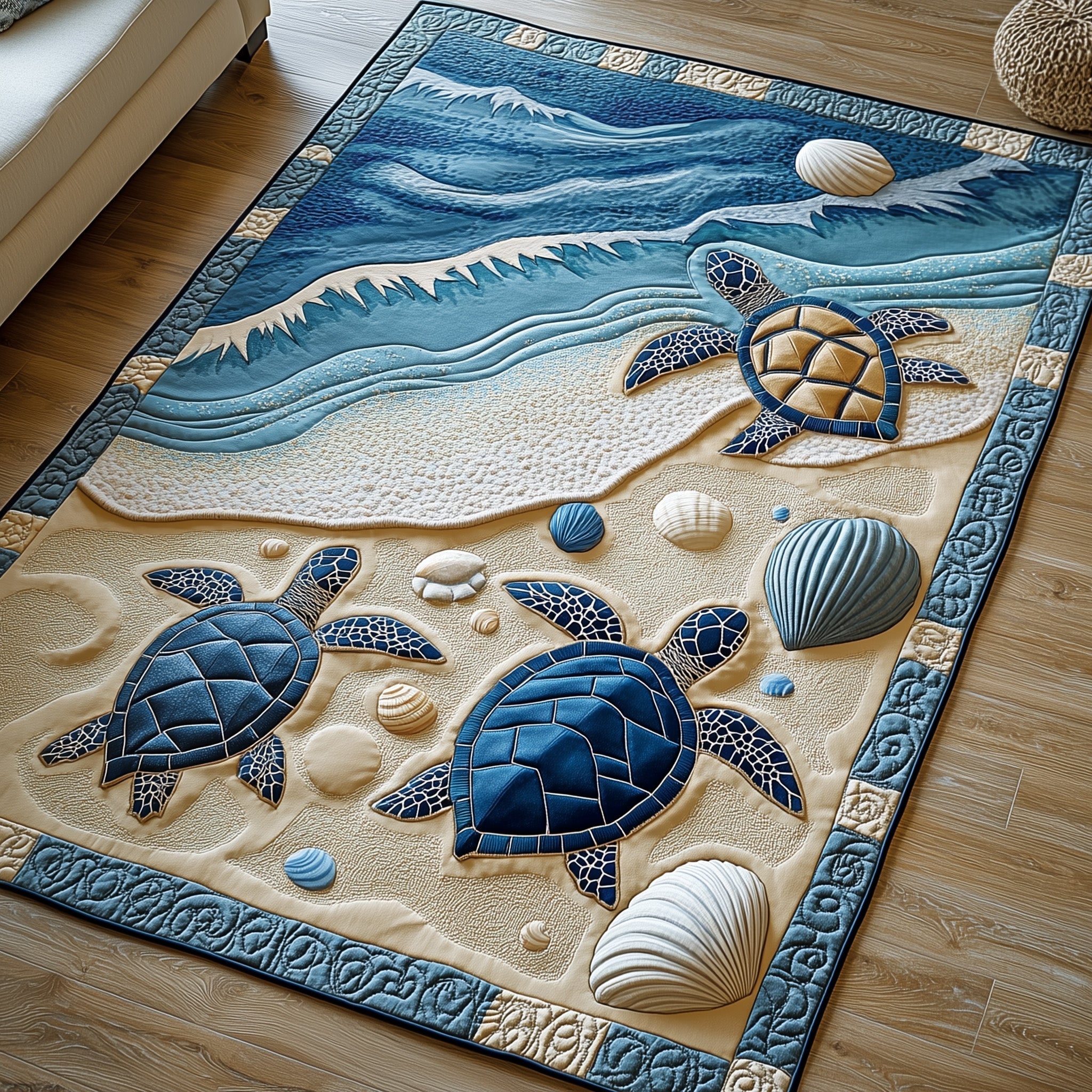 Ocean Whisper area rug in a living room