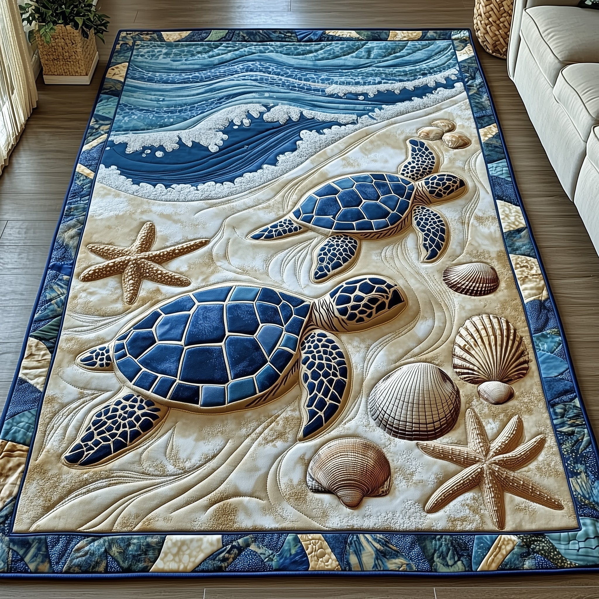Ocean Whisper area rug in a living room