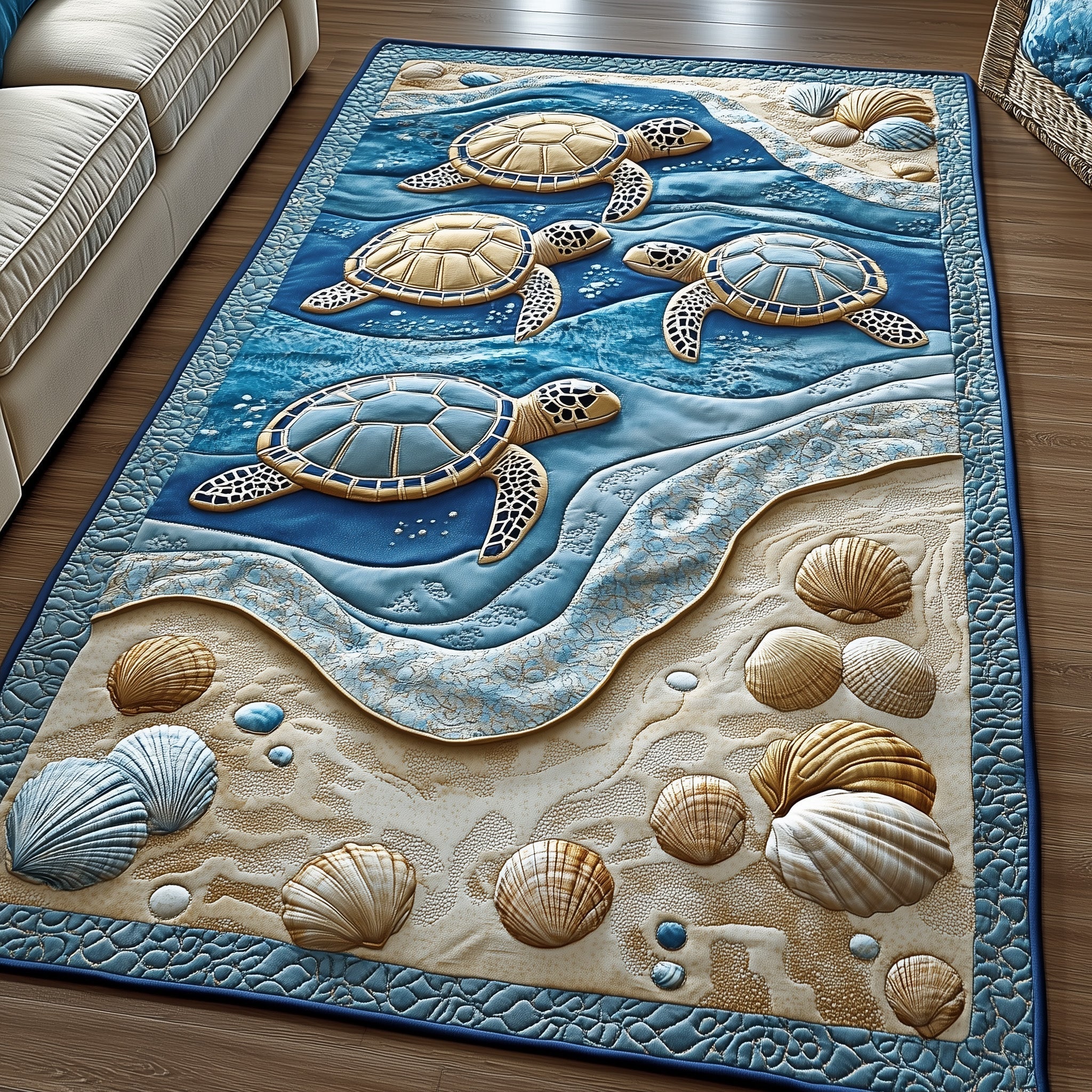 Ocean Whisper area rug in a living room