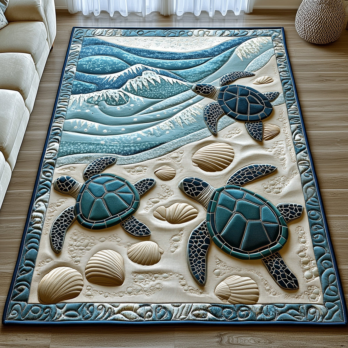 Ocean Whisper area rug in a living room