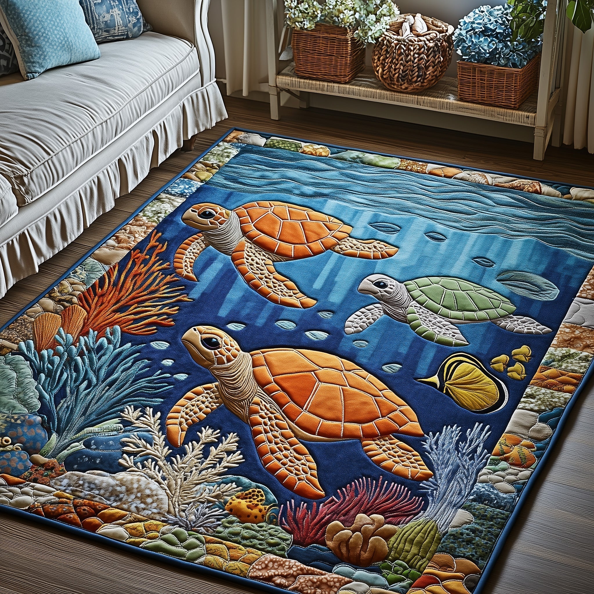 Ocean Whisper area rug in a living room