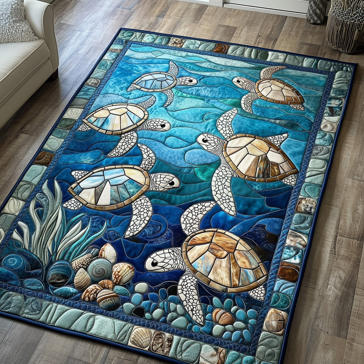 Ocean Whisper area rug in a living room