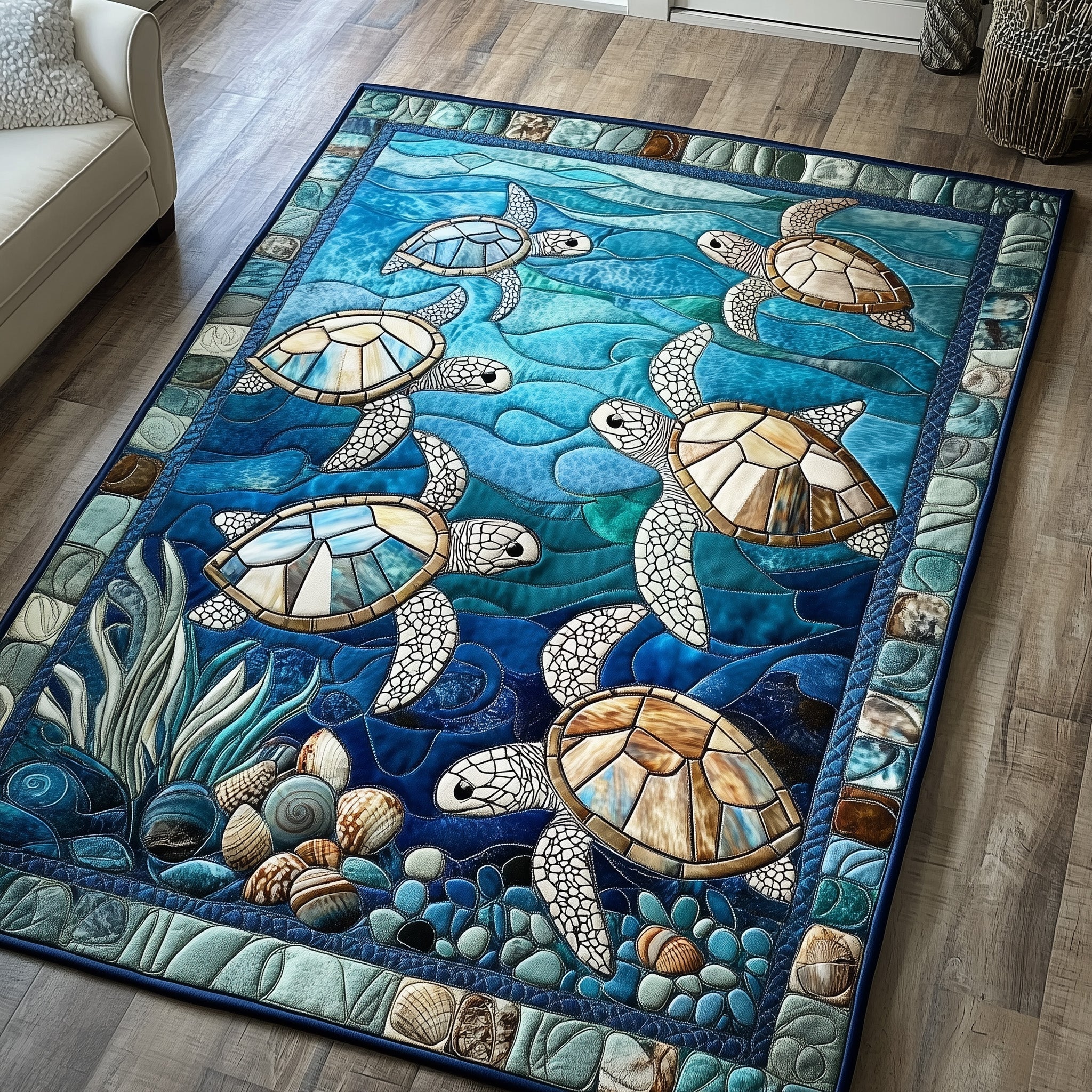 Ocean Whisper area rug in a living room