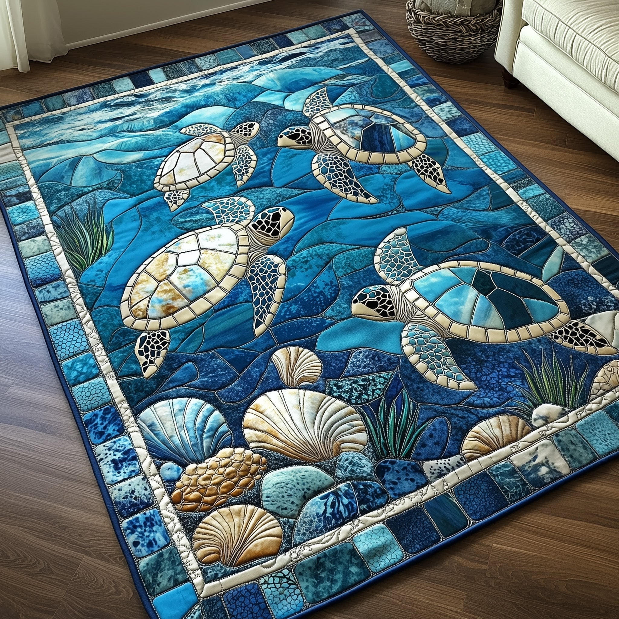 Ocean Whisper area rug in a living room