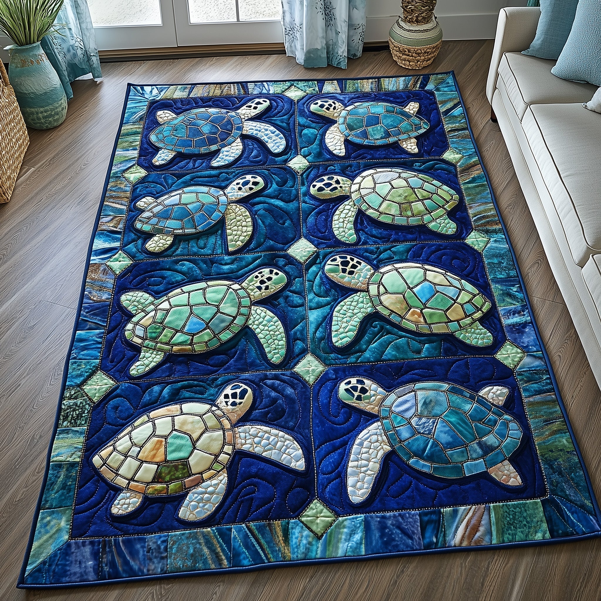 Ocean Whisper area rug in a living room