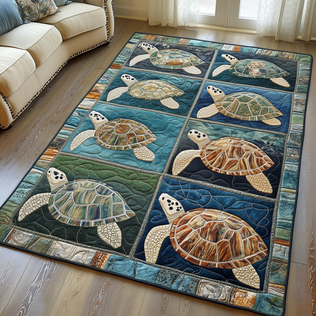 Ocean Whisper area rug in a living room