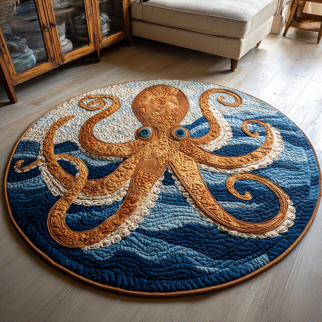 Oceanic Octopus Round Mat Rug - washable non-slip printed rug
