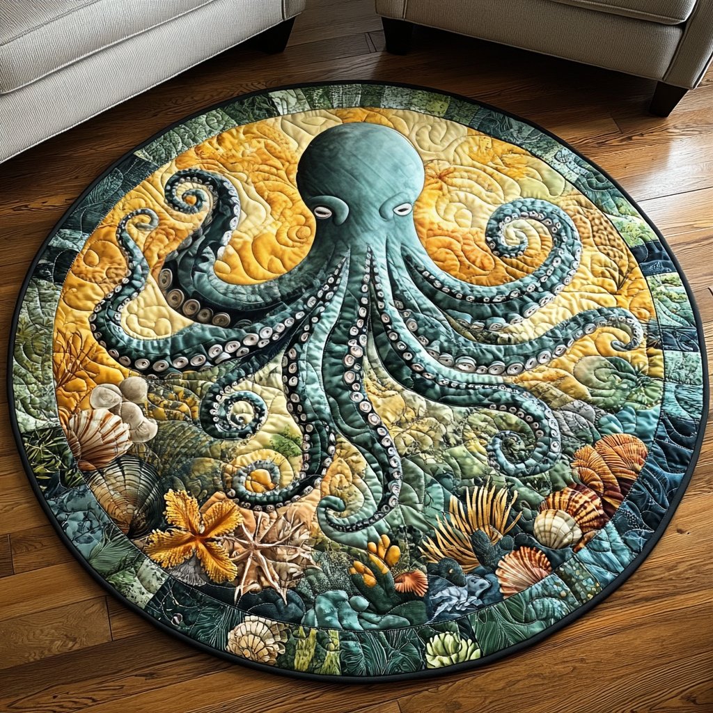 Octopus Bloom Round Mat Rug - washable non-slip printed rug