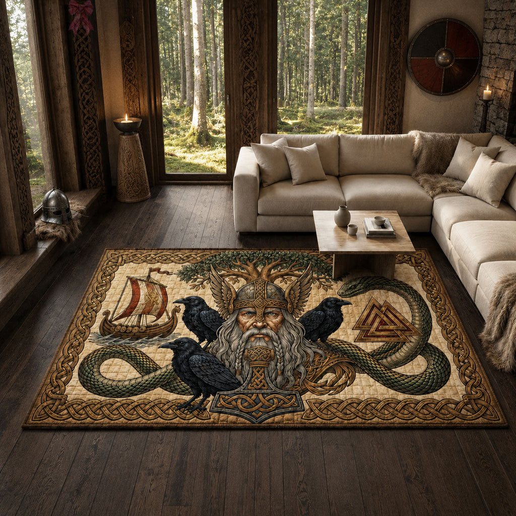 Odin Lord Of Ravens area rug in a living room