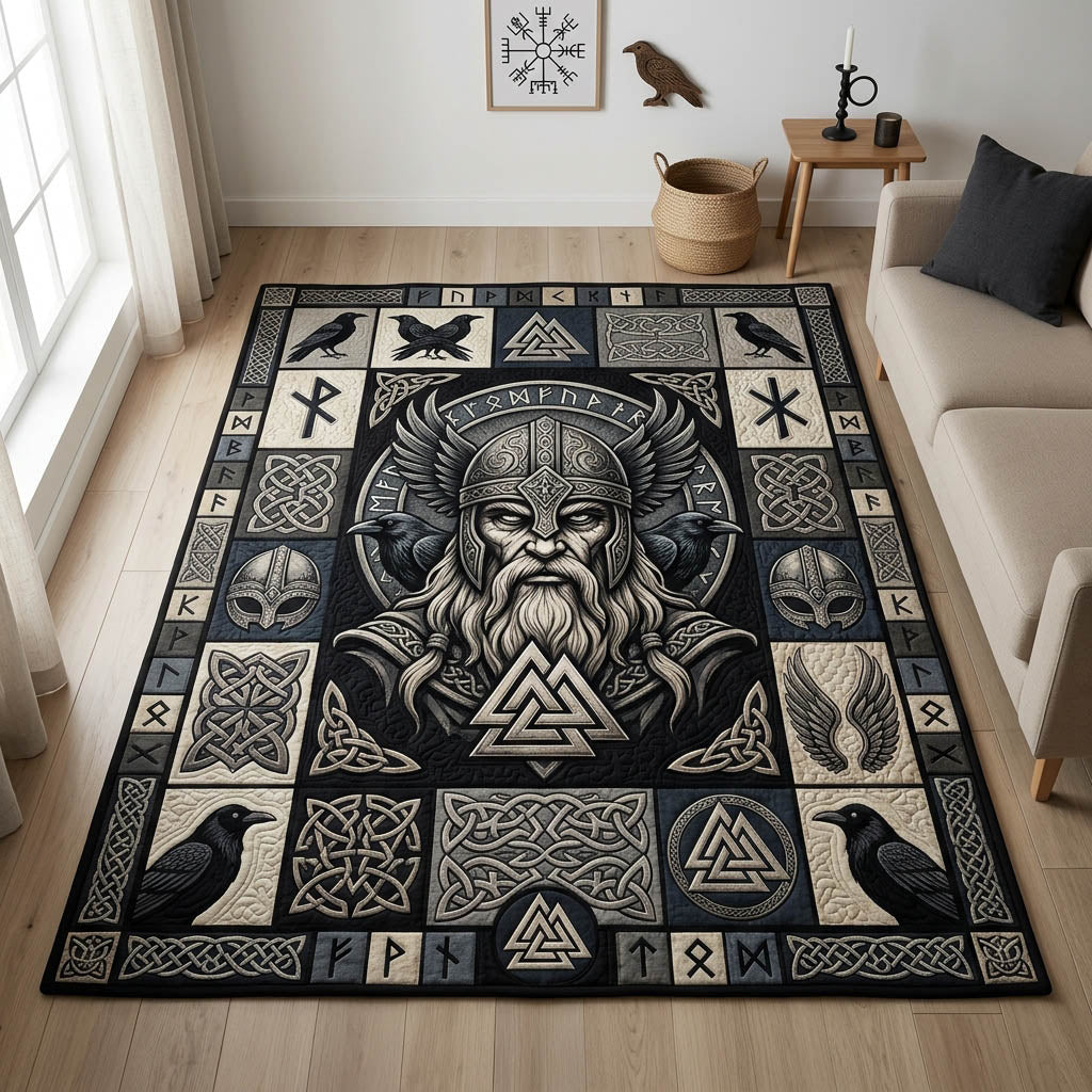 Odin Raven Valknut Viking area rug in a living room