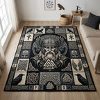 Odin Raven Valknut Viking area rug in a living room