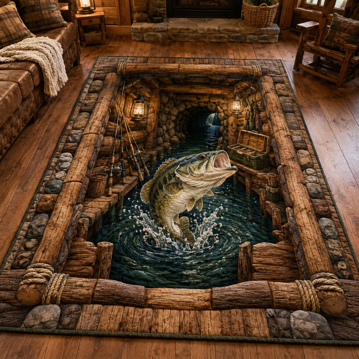 Old Fisherman Wharf Bass area rug in a living room