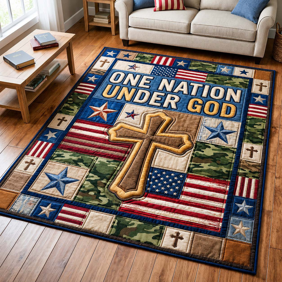 One Nation Faith area rug in a living room