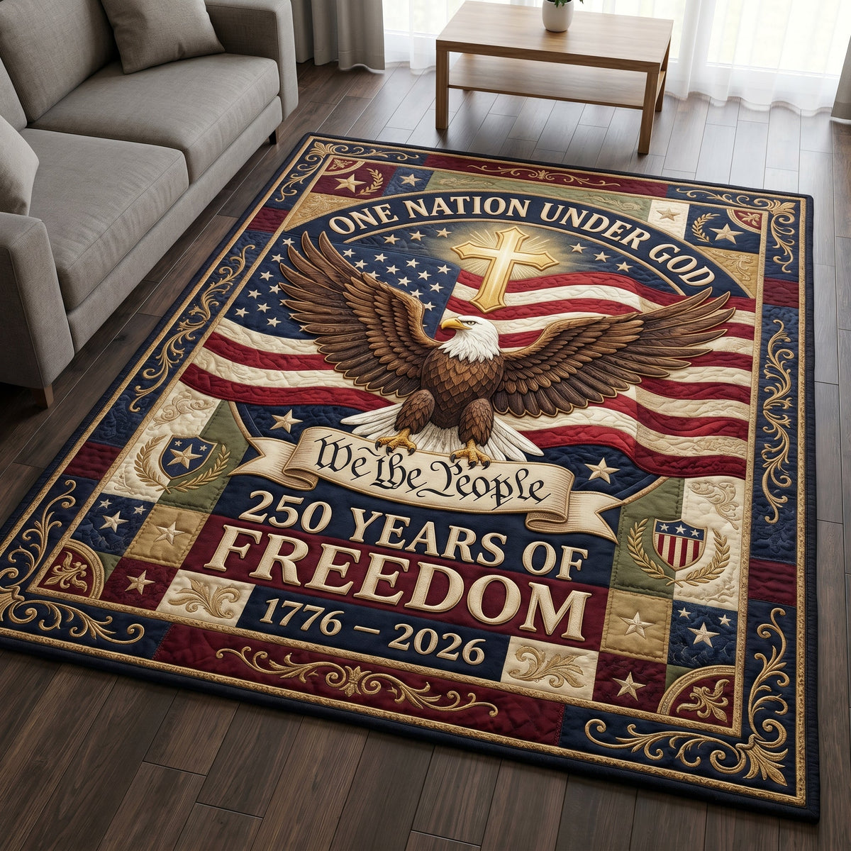 One Nation Under God area rug in a living room