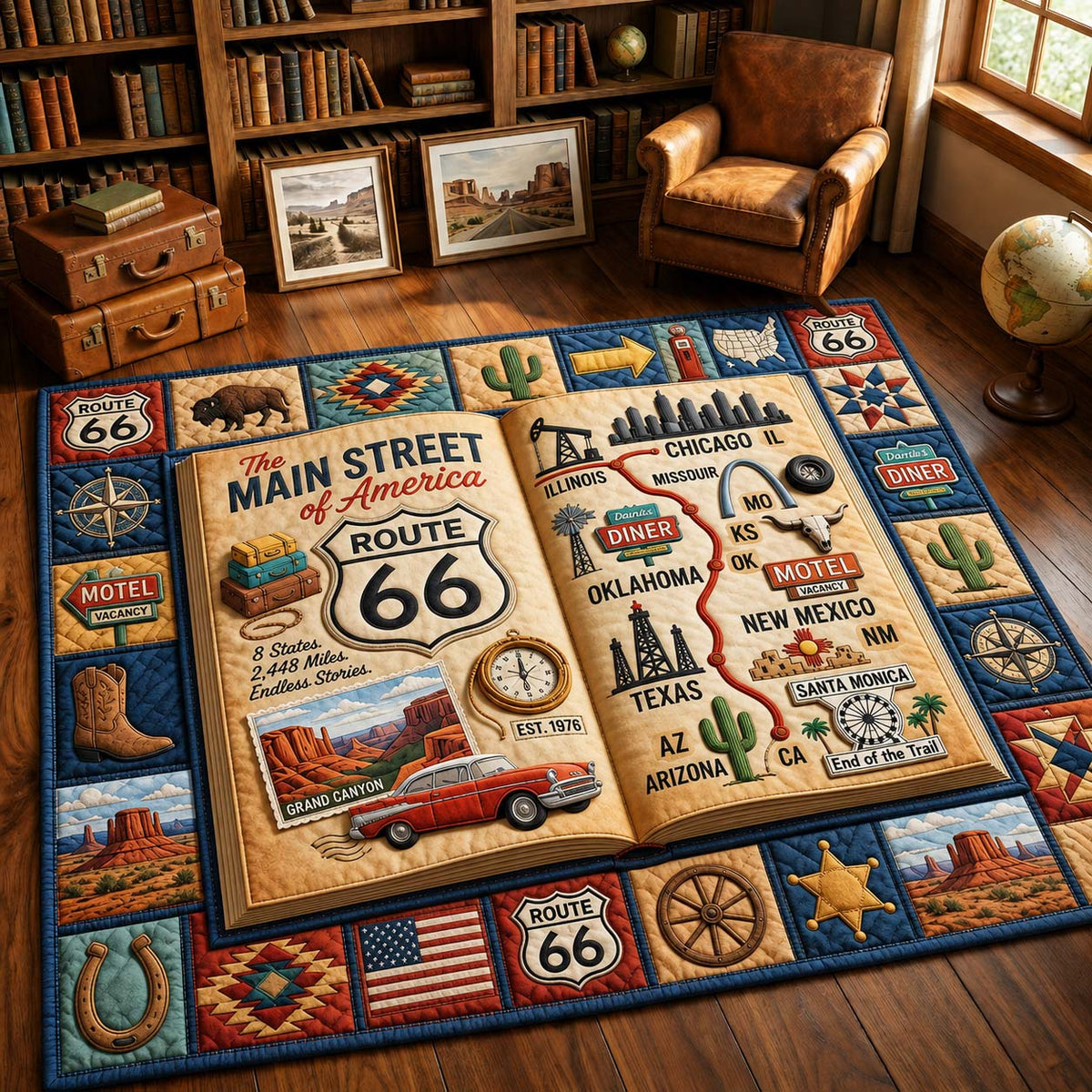 Open Road Stories area rug in a living room